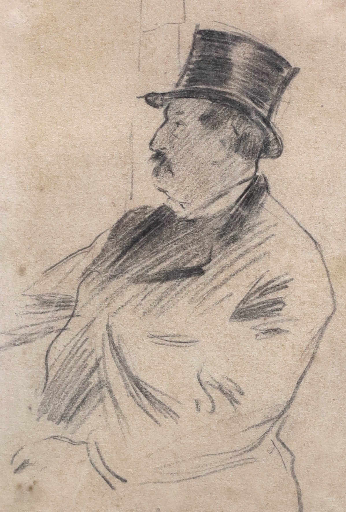 Circle of Henri de Toulouse-Lautrec (French, 1864-1901), Gentleman wearing a top hat, black chalk, 21.5 x 15 cm.